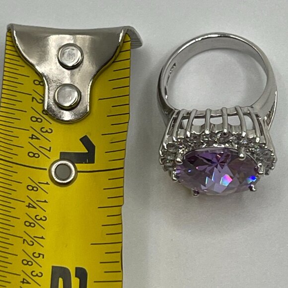 Large Oval Purple CZ & Clear Accents Sterling Silver Ring 925 Marked - Picture 9 of 11